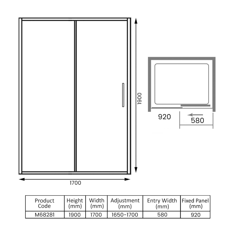 Merlyn 6 Series Sliding Shower Door 1700mm Wide - 6mm Glass  | Dimension Image