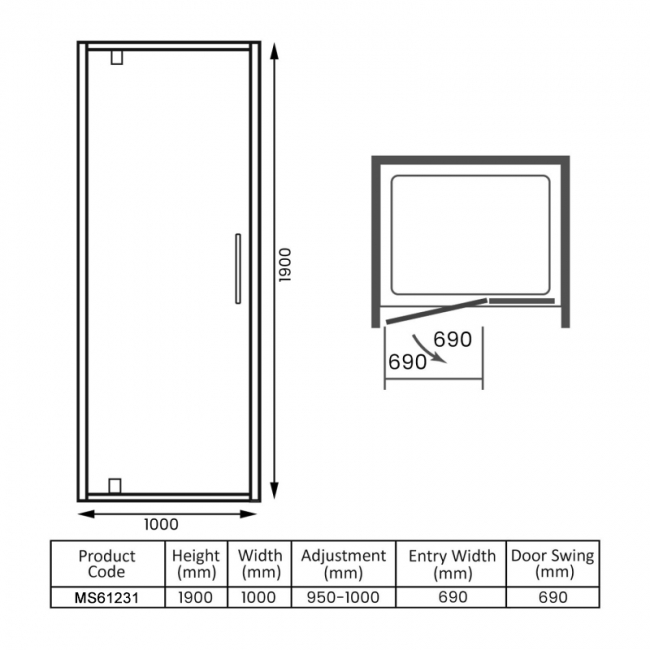 Merlyn 6 Series Pivot Shower Door with Tray 1000mm Wide - 6mm Glass