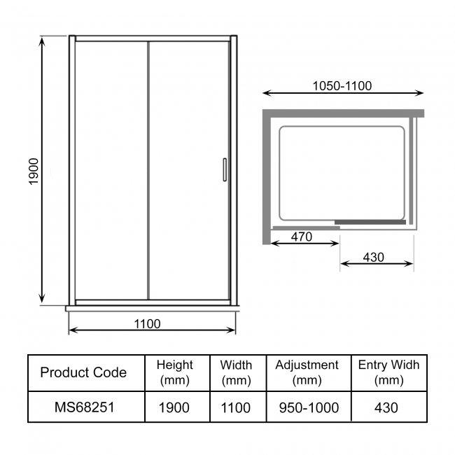 Merlyn 6 Series Sliding Shower Door with Tray 1100mm Wide - 6mm Glass