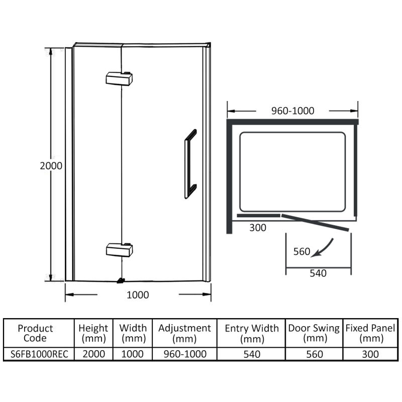 Merlyn 6 Series Frameless Inline Hinged Recess Shower Door with Tray 1000mm Wide - 6mm Glass