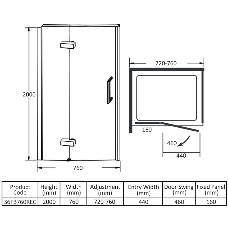 Merlyn 6 Series Frameless Inline Hinged Recess Shower Door with Tray 760mm Wide - 6mm Glass