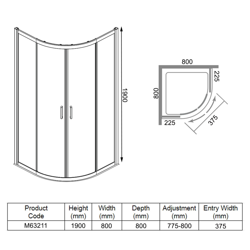 Merlyn 6 Series Quadrant Shower Enclosure 800mm x 800mm - 6mm Glass  | Dimension Image
