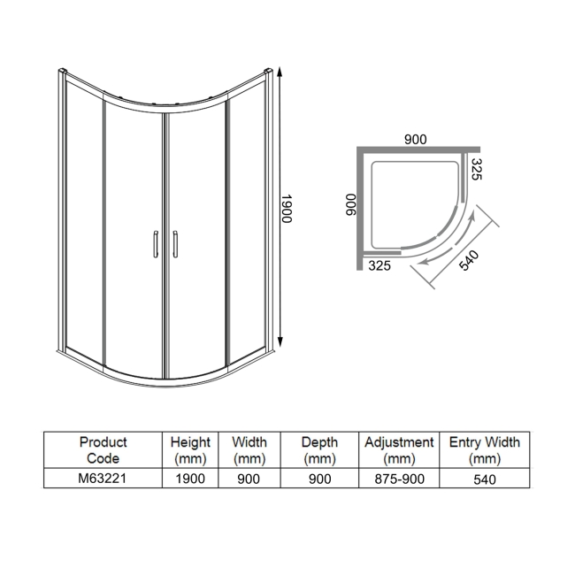 Merlyn 6 Series Quadrant Shower Enclosure 900mm x 900mm - 6mm Glass  | Dimension Image