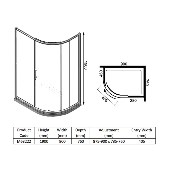 Merlyn 6 Series 1-Door Offset Quadrant Shower Enclosure 900mm x 760mm - 6mm Glass  | Dimension Image