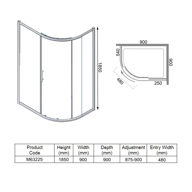 Merlyn 6 Series Single Quadrant Shower Enclosure 900mm x 900mm - 6mm Glass  | Dimension Image