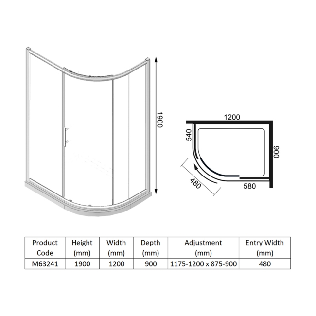 Merlyn 6 Series 1-Door Offset Quadrant Shower Enclosure 1200mm x 900mm - 6mm Glass  | Dimension Image