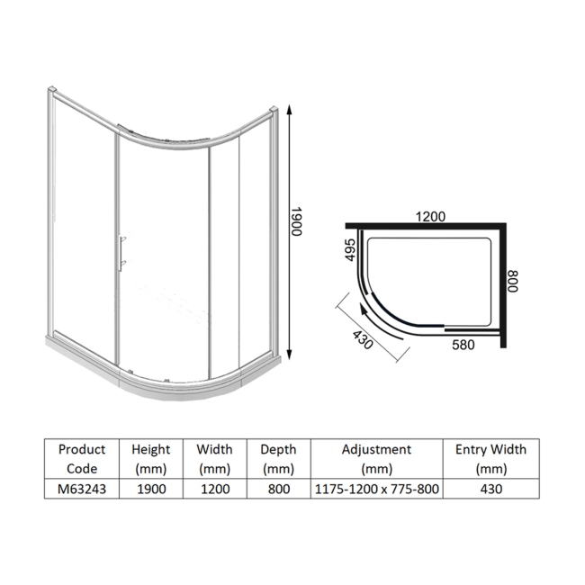 Merlyn 6 Series 1-Door Offset Quadrant Shower Enclosure 1200mm x 800mm - 6mm Glass  | Dimension Image
