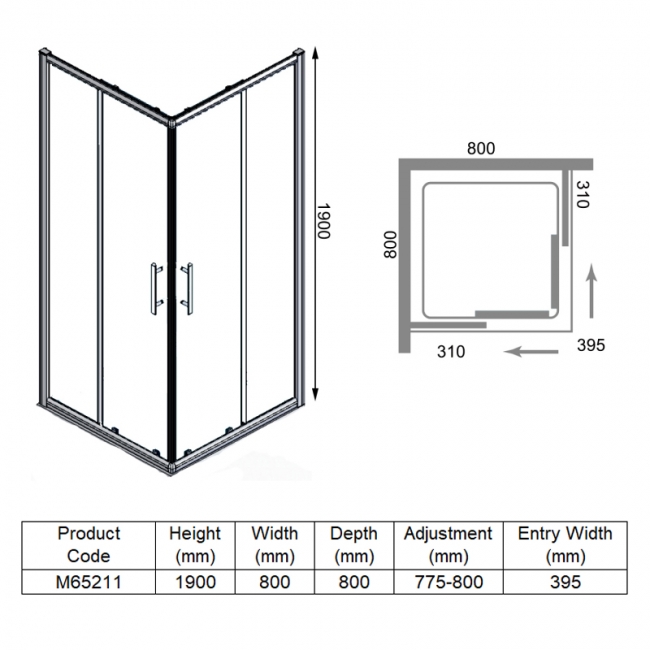 Merlyn 6 Series Corner Entry Shower Enclosure 800mm x 800mm - 6mm Glass  | Dimension Image