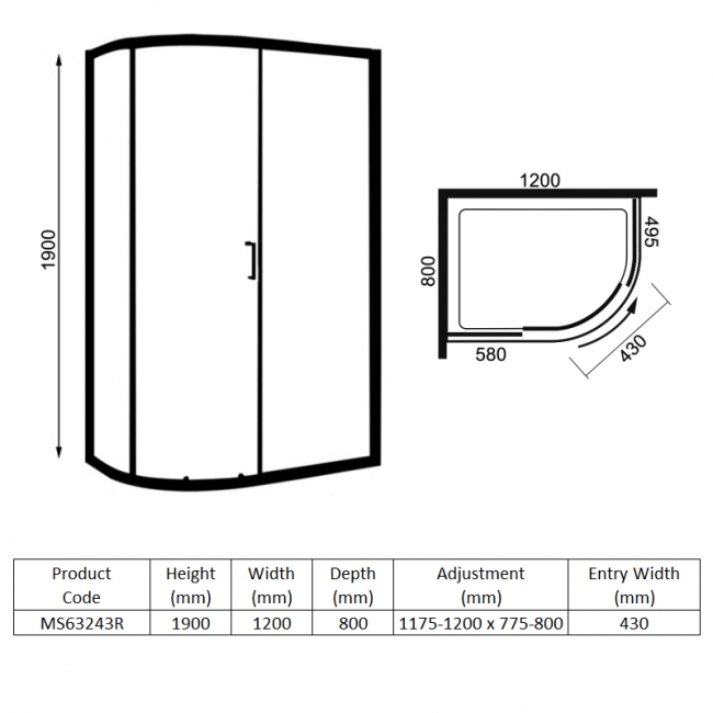 Merlyn 6 Series 1-Door Offset Quadrant Shower Enclosure with Tray 1200mm x 800mm RH - 6mm Glass