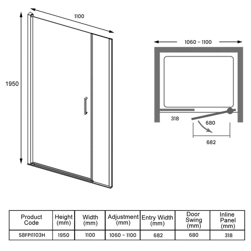 Merlyn 8 Series Frameless Inline Pivot Shower Door 1100mm (300mm Fixed Panel)  | Dimension Image