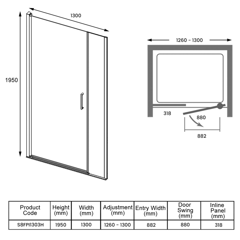Merlyn 8 Series Frameless Inline Pivot Shower Door 1300mm (300mm Fixed Panel)  | Dimension Image