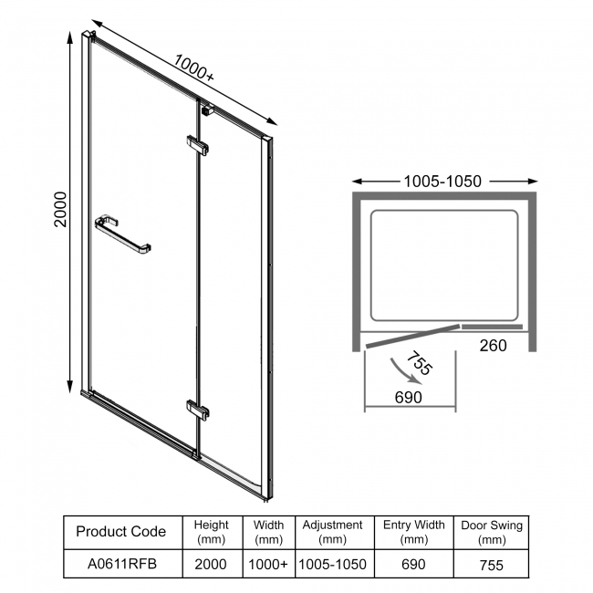 Merlyn 8 Series Frameless Inline Hinged Shower Door with Tray 1000mm+ Wide - 8mm Glass