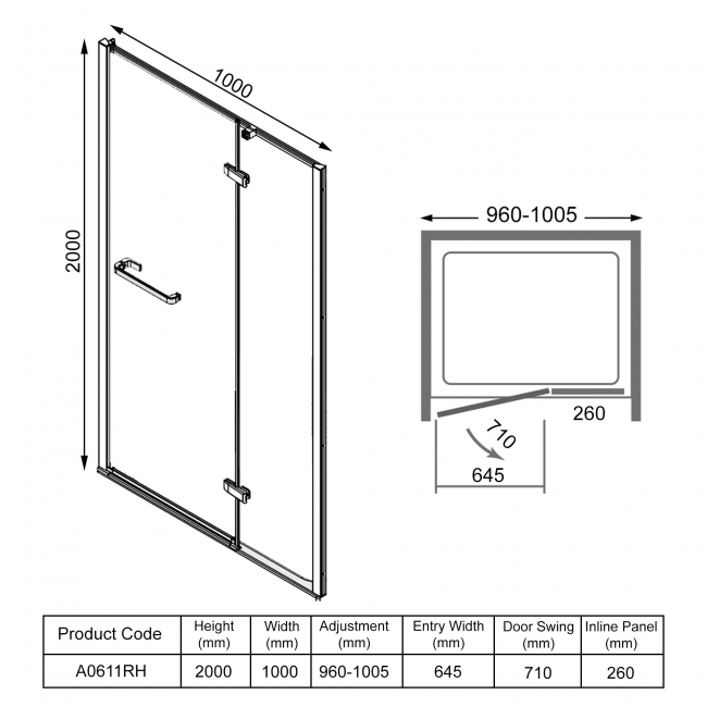 Merlyn 8 Series Frameless Inline Recess Hinged Shower Door 1000mm Wide - 8mm Glass