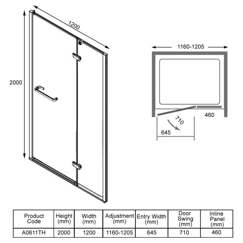 Merlyn 8 Series Frameless Inline Recess Hinged Shower Door 1200mm Wide - 8mm Glass