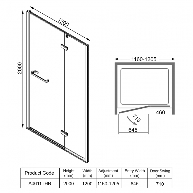 Merlyn 8 Series Frameless Inline Hinged Recess Shower Door with Tray 1200mm Wide - 8mm Glass