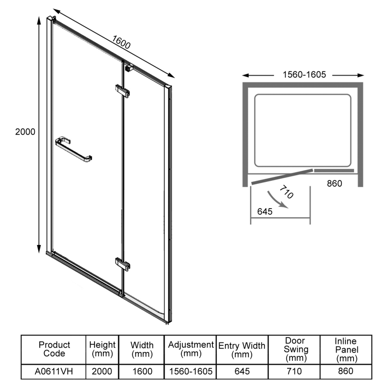 Merlyn 8 Series Frameless Inline Recess Hinged Shower Door 1600mm Wide - 8mm Glass