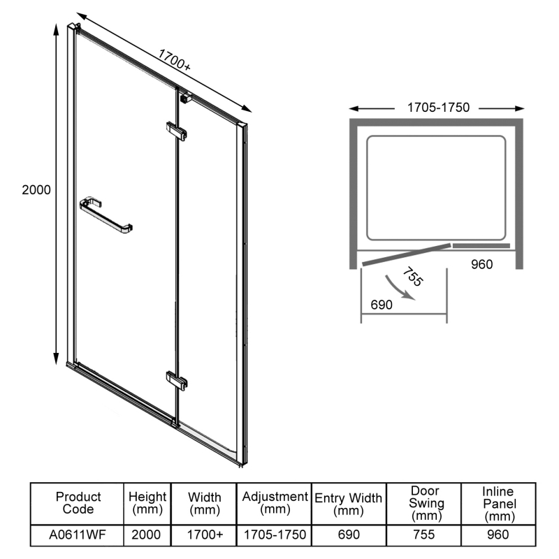 Merlyn 8 Series Frameless Inline Hinged Shower Door 1700mm+ Wide - 8mm Glass  | Dimension Image