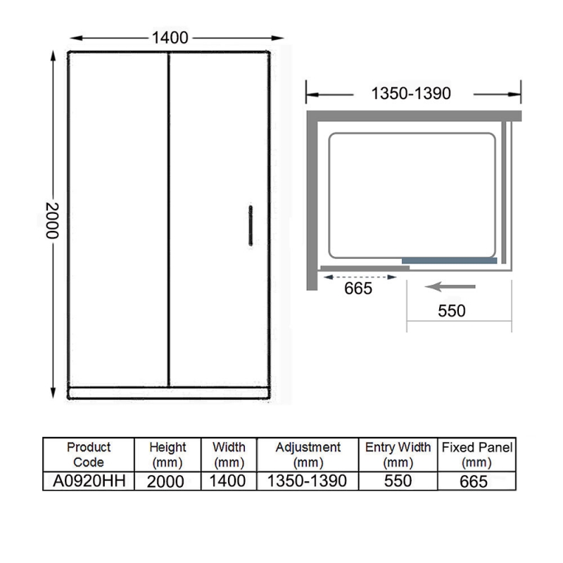 Merlyn 8 Series Frameless Sliding Shower Door 1400mm Wide - 8mm Glass