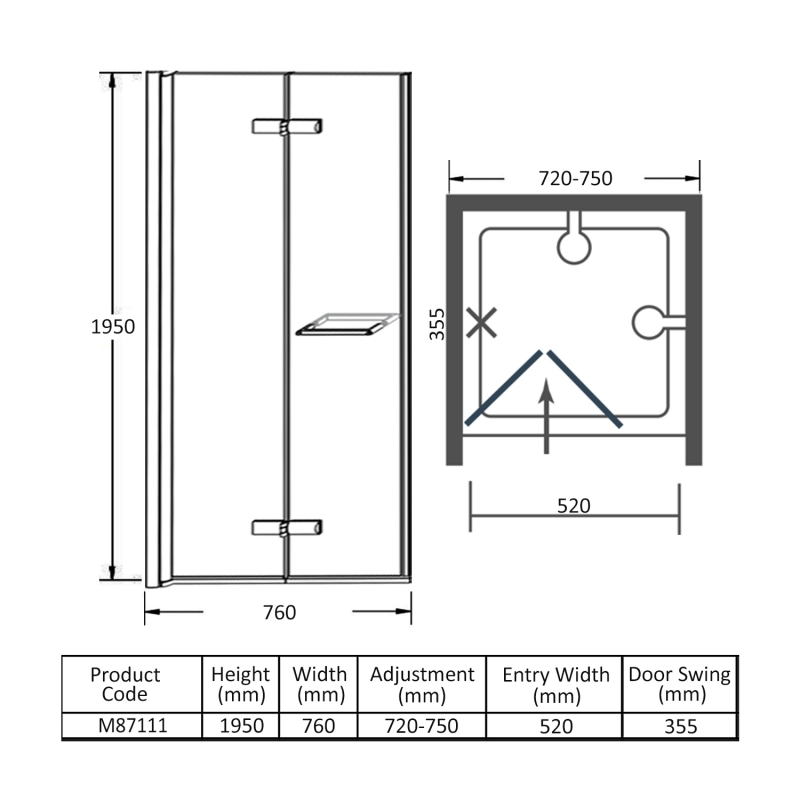 Merlyn 8 Series Frameless Hinged Bi-Fold Shower Door 760mm Wide - 8mm Glass  | Dimension Image