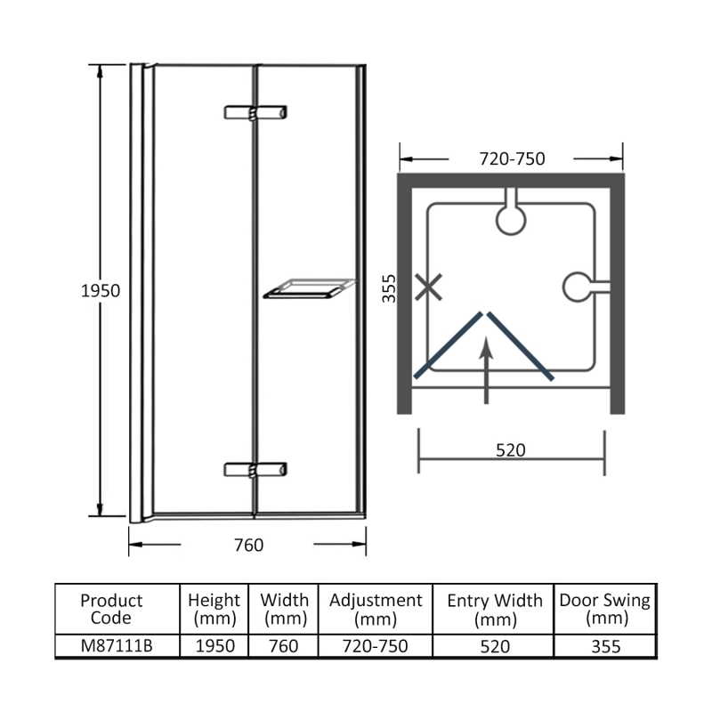Merlyn 8 Series Frameless BiFold Shower Door 760mm M87111B