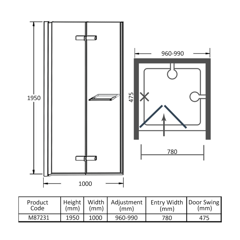 Merlyn 8 Series Frameless Hinged Bi-fold Shower Door 1000mm Wide - 8mm Glass  | Dimension Image
