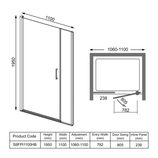 Merlyn 8 Series Frameless Inline Pivot Shower Door with Tray 1100mm Wide - 8mm Glass