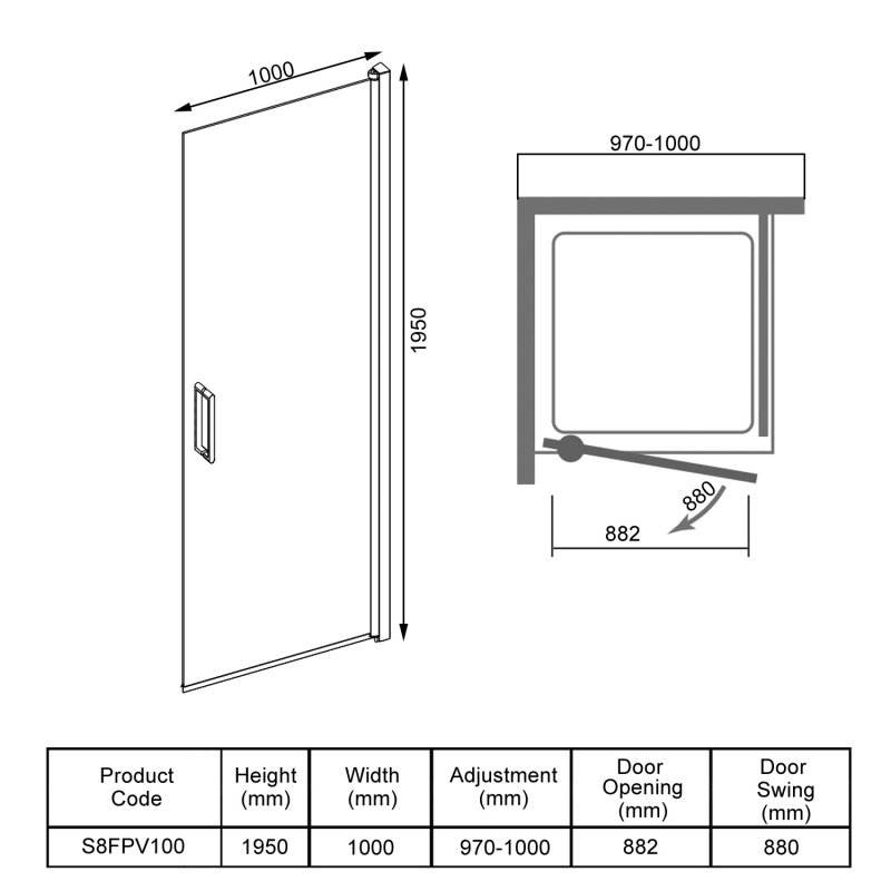 Merlyn 8 Series Frameless Single Pivot Door Showerwall 1000mm Wide - 8mm Glass