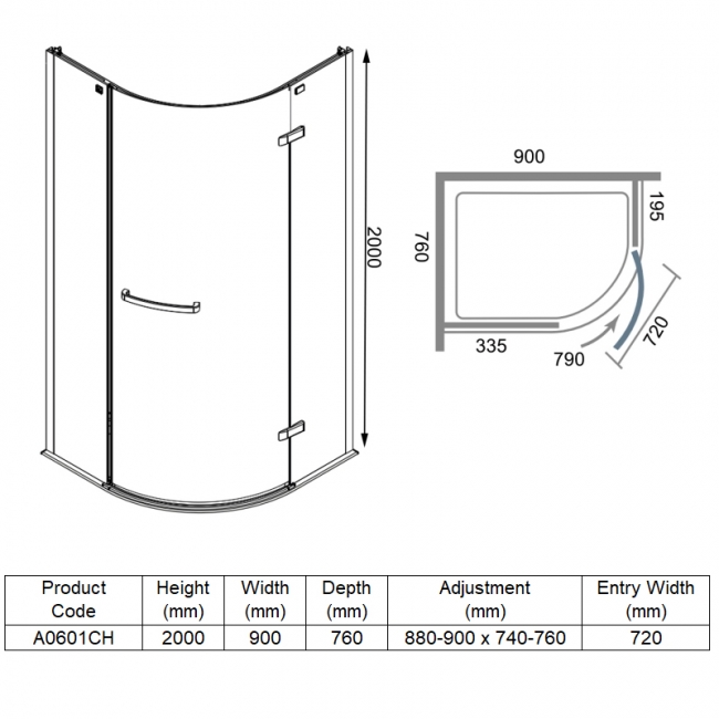 Merlyn 8 Series Frameless Offset Quadrant Shower Enclosure 900mm x 760mm - 8mm Glass  | Dimension Image