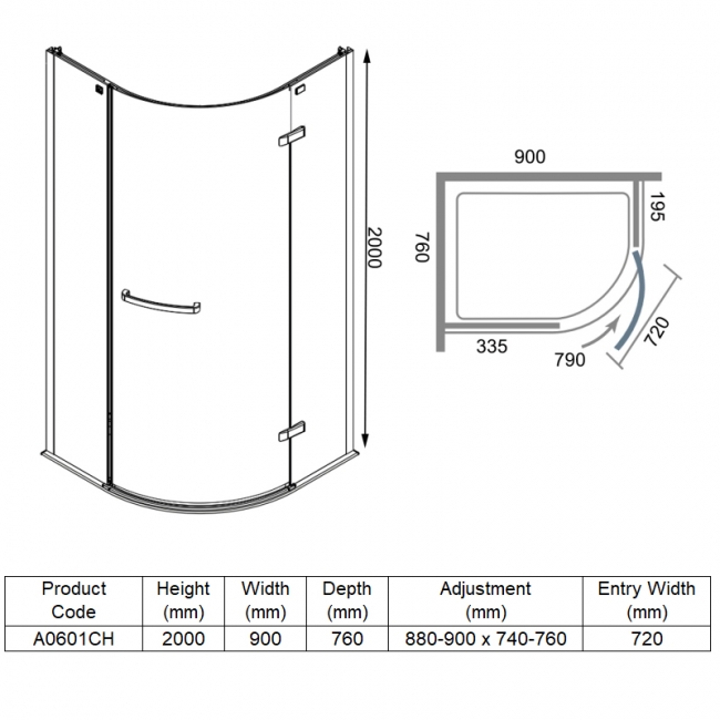Merlyn 8 Series Frameless Offset Quadrant Shower Enclosure 900mm x 760mm - 8mm Glass