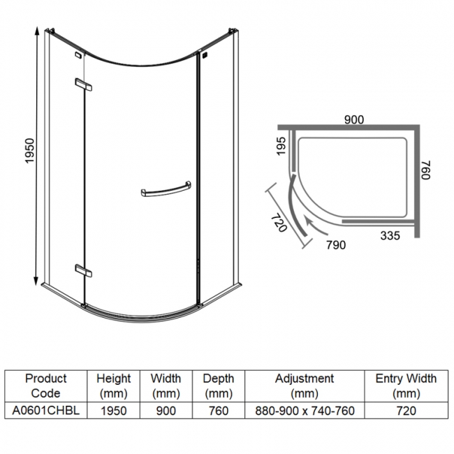 Merlyn 8 Series Frameless Offset Quadrant Shower Enclosure with Tray 900mm x 760mm LH - 8mm Glass