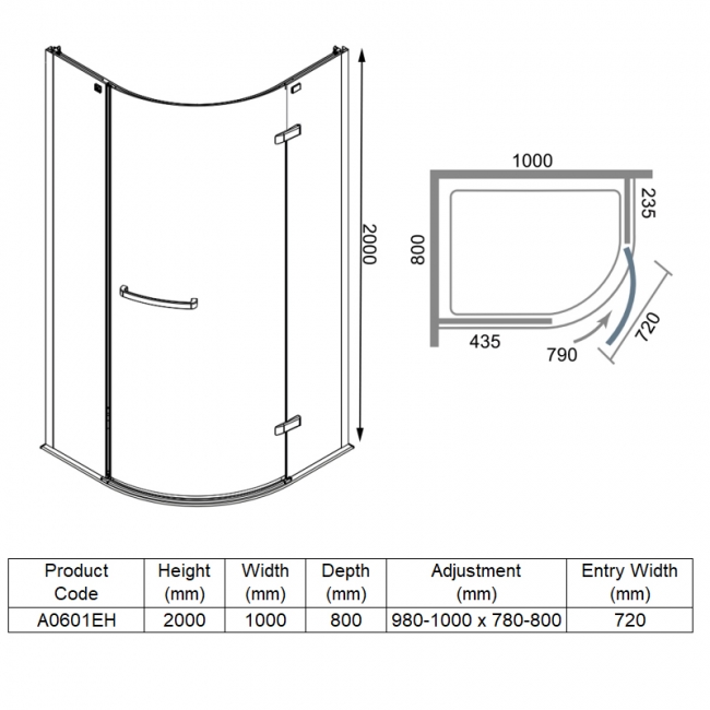 Merlyn 8 Series Frameless Offset Quadrant Shower Enclosure 1000mm x 800mm - 8mm Glass  | Dimension Image