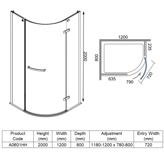 Merlyn 8 Series Frameless Offset Quadrant Shower Enclosure 1200mm x 800mm - 8mm Glass