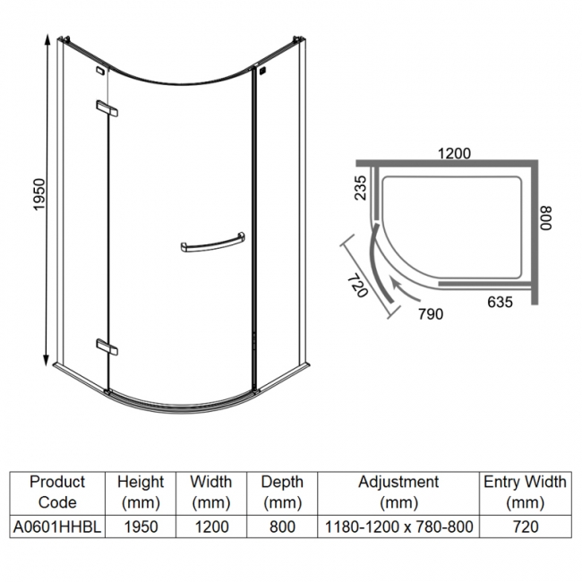 Merlyn 8 Series Frameless Offset Quadrant Shower Enclosure with Tray 1200mm x 800mm LH - 8mm Glass