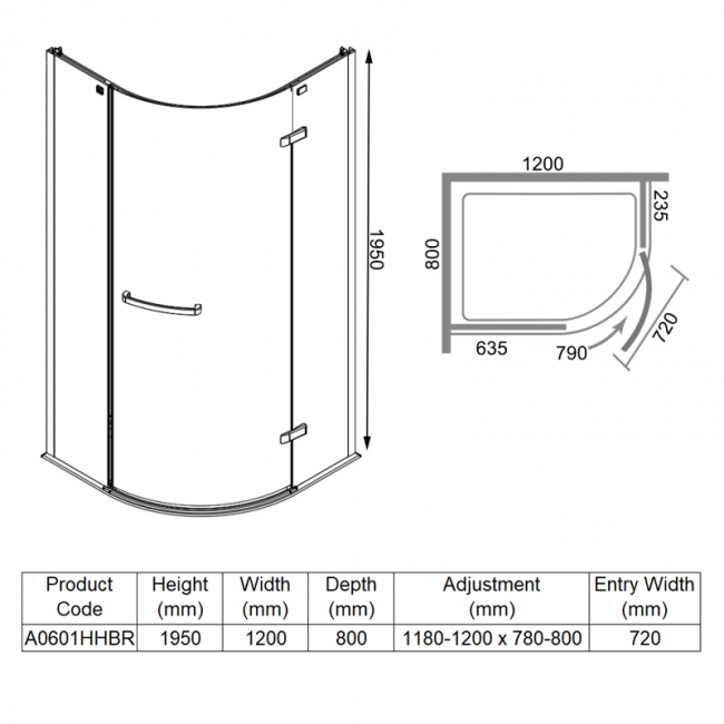 Merlyn 8 Series Frameless Offset Quadrant Shower Enclosure with Tray 1200mm x 800mm RH - 8mm Glass