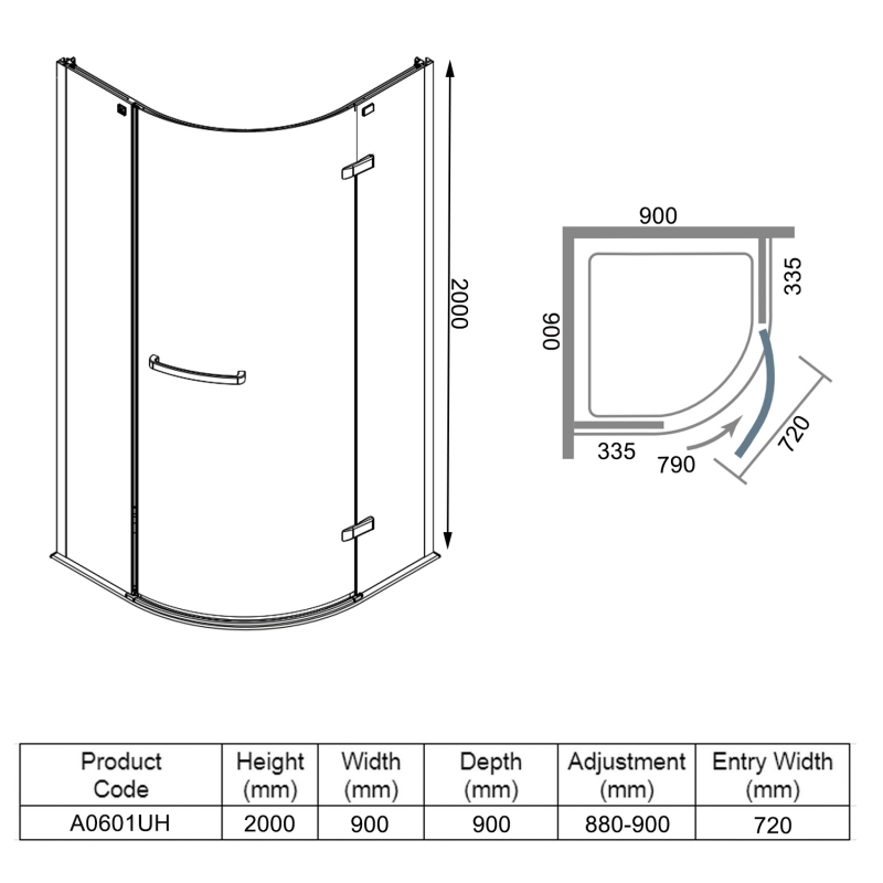 Merlyn 8 Series Frameless Quadrant Shower Enclosure 900mm x 900mm - 8mm Glass  | Dimension Image