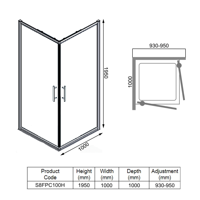 Merlyn 8 Series Frameless Double Pivot Door Showerwall  1000mm x 1000mm - 8mm Glass