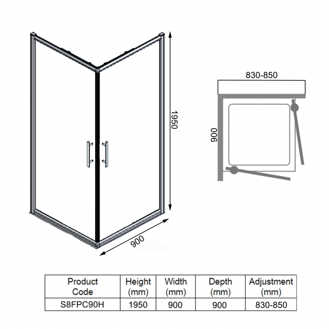 Merlyn 8 Series Frameless Double Pivot Door Showerwall  900mm x 900mm - 8mm Glass