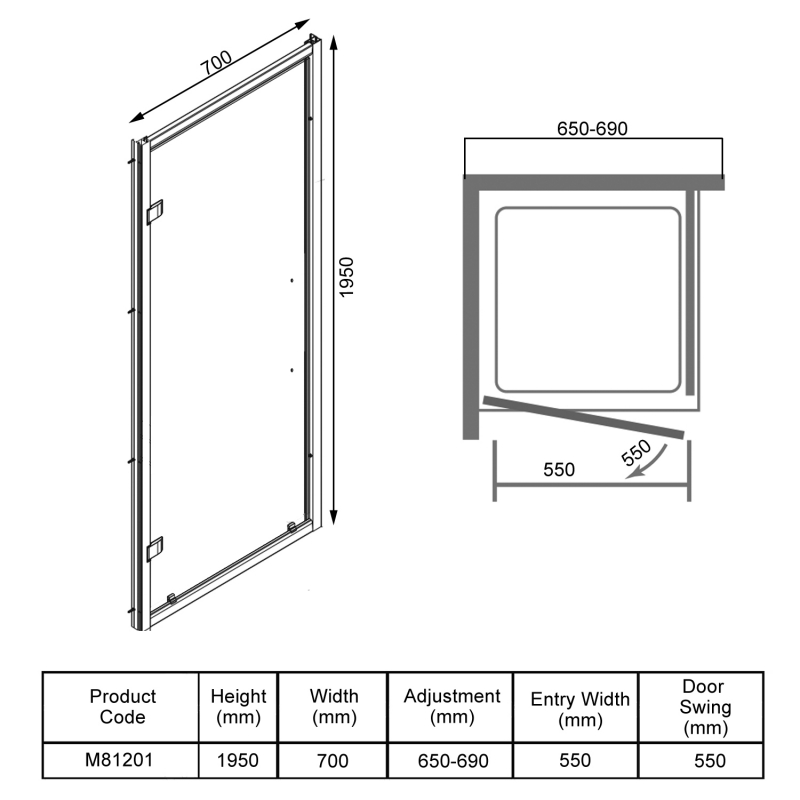 Merlyn 8 Series Hinged Shower Door 700mm Wide - 8mm Glass