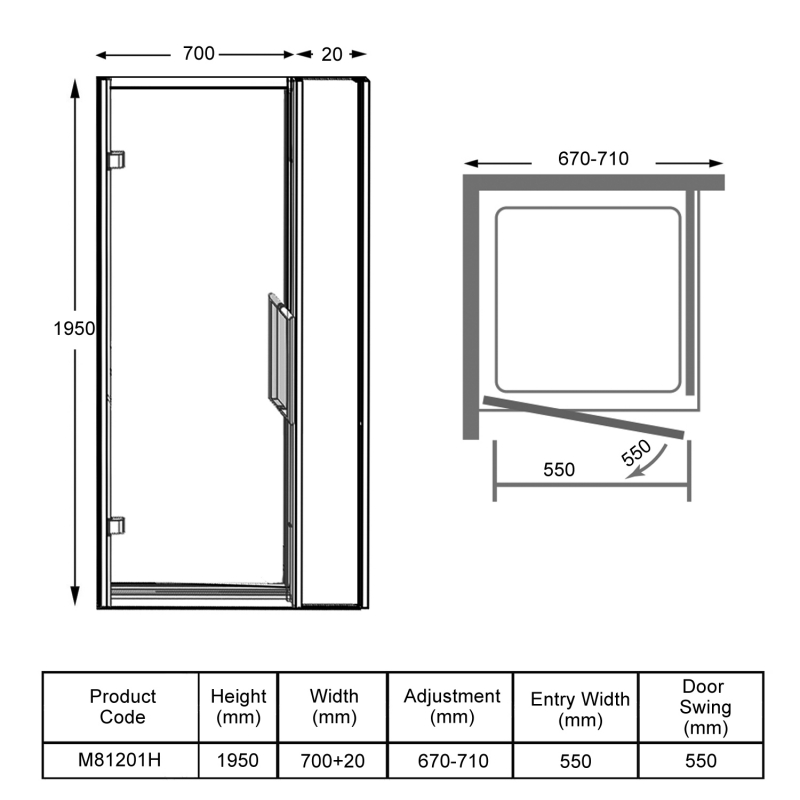 Merlyn 8 Series Inline Hinged Shower Door 700mm+ Wide - 8mm Glass  | Dimension Image