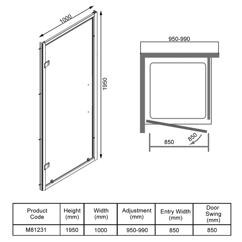 Merlyn 8 Series Hinged Shower Door 1000mm Wide - 8mm Glass