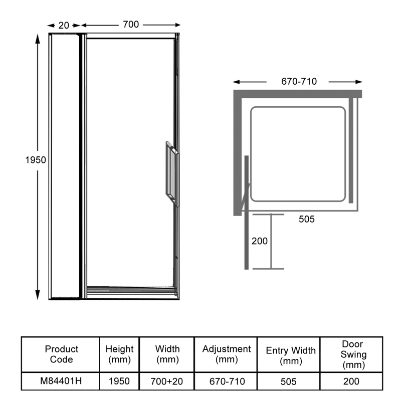 Merlyn 8 Series Inline In-Fold Shower Door 700mm+ Wide - 8mm Glass  | Dimension Image