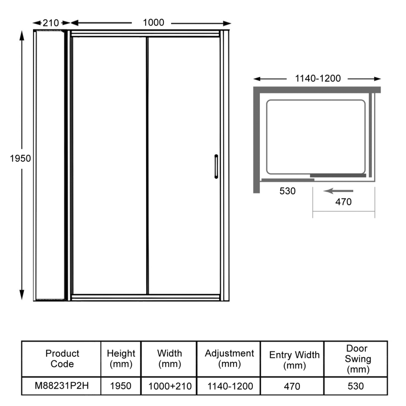 Merlyn 8 Series Inline Sliding Shower Door 1150mm+ Wide - 8mm Glass  | Dimension Image