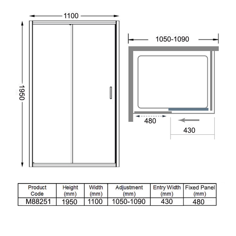 Merlyn 8 Series Sliding Shower Door 1100mm Wide - 8mm Glass
