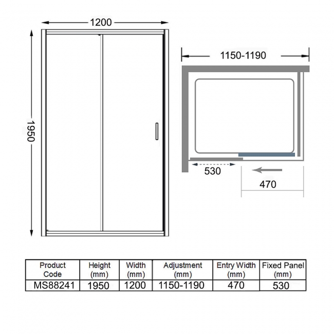 Merlyn 8 Series Sliding Shower Door with Tray 1200mm Wide - 8mm Glass