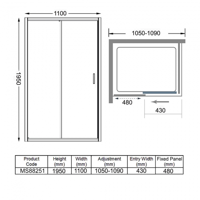Merlyn 8 Series Sliding Shower Door with Tray 1100mm Wide - 8mm Glass