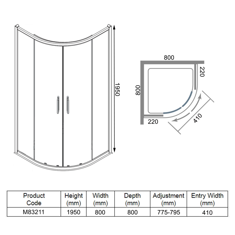 Merlyn 8 Series Quadrant Shower Enclosure 800mm x 800mm - 8mm Glass  | Dimension Image