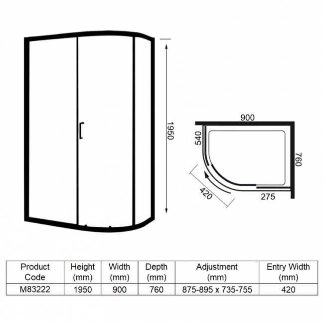 Merlyn 8 Series Offset Quadrant Shower Enclosure 900mm x 760mm - 8mm Glass
