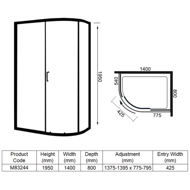 Merlyn 8 Series Offset Quadrant Shower Enclosure 1400mm x 800mm - 8mm Glass  | Dimension Image