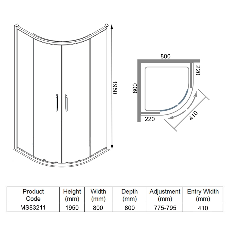 Merlyn 8 Series Quadrant Shower Enclosure with Tray 800mm x 800mm - 8mm Glass