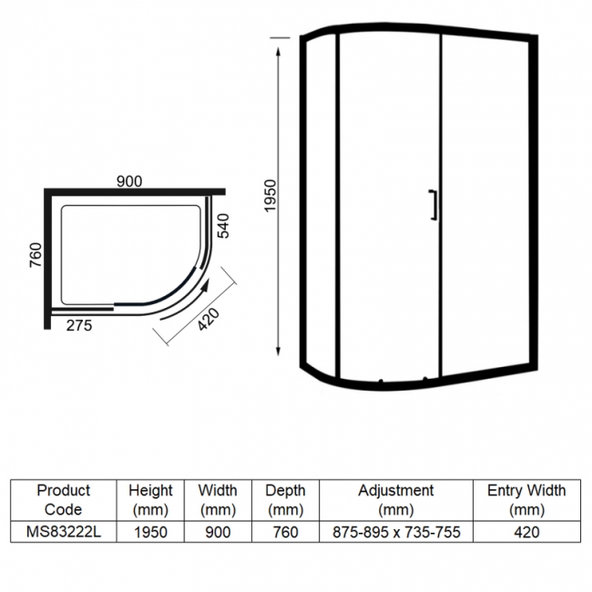Merlyn 8 Series Offset Quadrant Shower Enclosure with Tray 900mm x 760mm LH - 8mm Glass